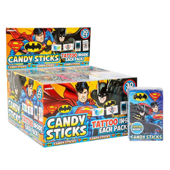 World's Batman & Superman Candy Sticks with Tattoo .52Oz X 30 Units