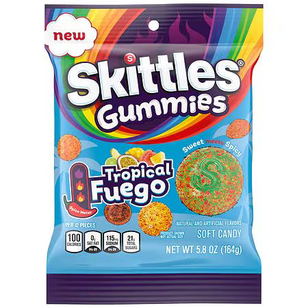 Skittles Gummies Tropical Fuego Peg Bag 5.8oz X 12 Units