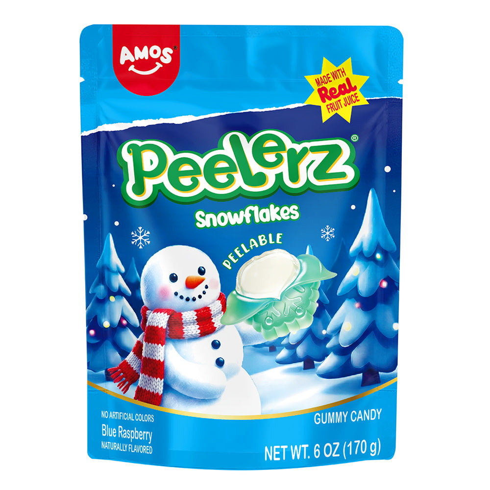 Packaging of Amos Peelerz Snowflakes gummy candy with a snowman illustration on a blue background.