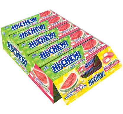 A pack of Hi-Chew watermelon flavored chewy candy, showing multiple candy sticks with watermelon slices on them, wrapped in a green and red wrapper.