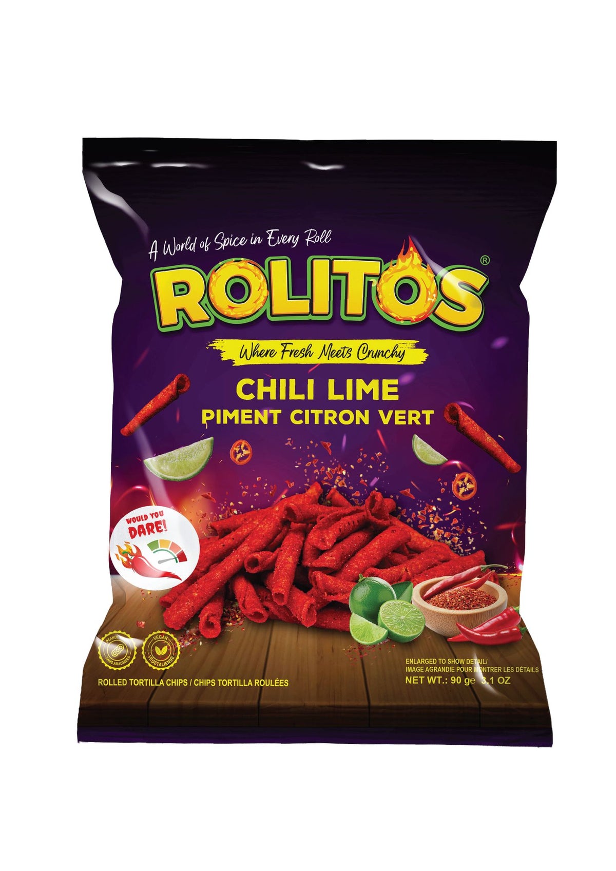 Rolitos Chili Lime flavor packaging on a white background
