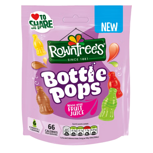 A package of Rowntree's Bottle Pops fruit juice flavored gummy candies in a light purple stand-up bag with colorful illustrations of bottle-shaped gummies and a blue 'NEW' badge.