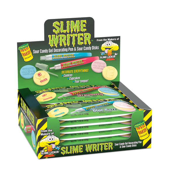 Toxic Waste Slime Writer Gel Decorating Pen & Sour Candy Disks Blue Razz & Strawberry 1.48oz X 12 Units