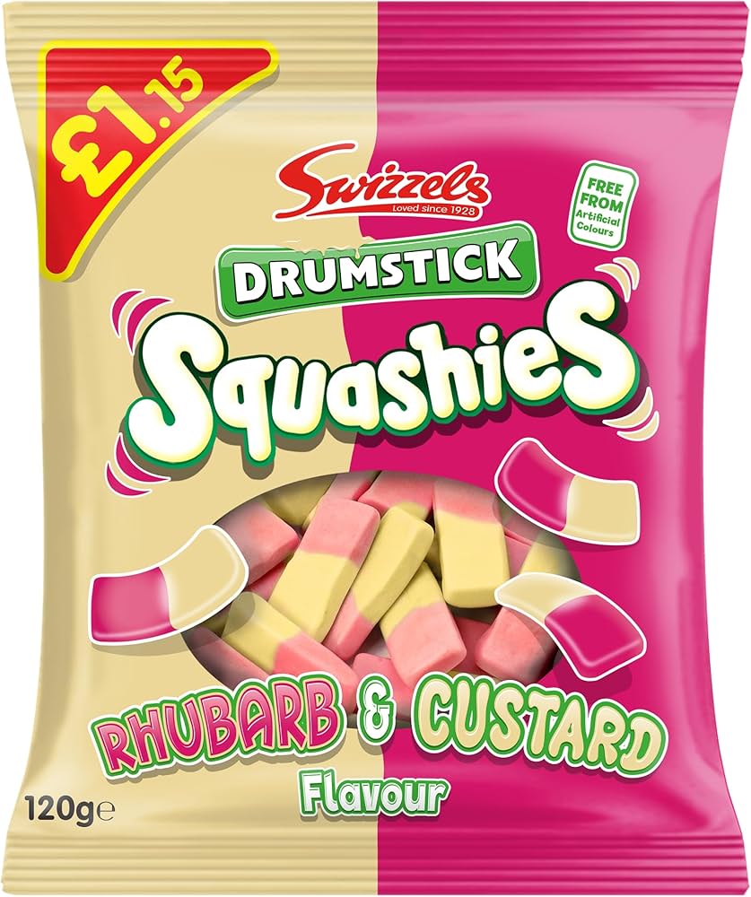 Packaging of Swizzles Drumstick Squashies Rhubarb & Custard flavor candy.