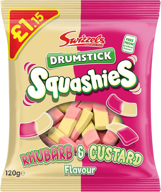 Packaging of Swizzles Drumstick Squashies Rhubarb & Custard flavor candy.