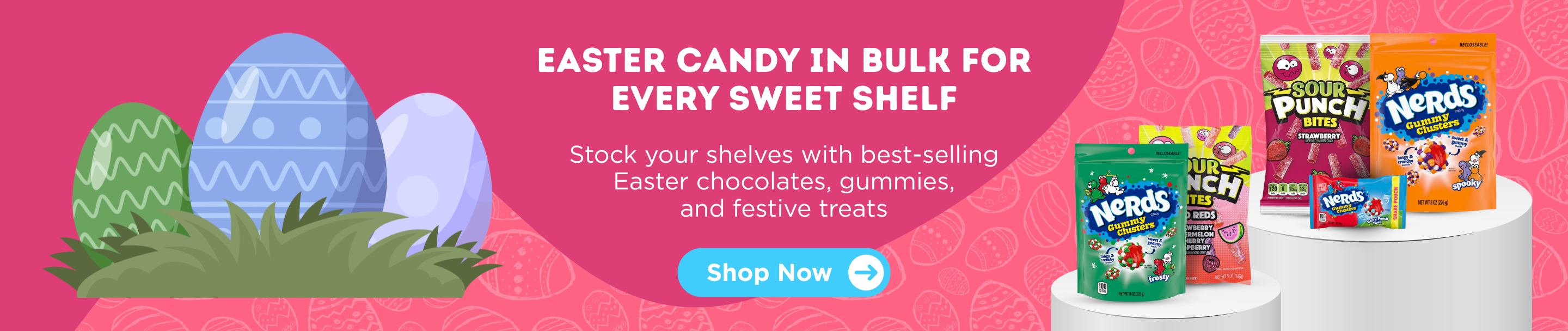 Promotional banner for Easter candy with colorful eggs and candy packages on a pink background.
