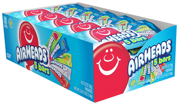 Airheads 5 Pack Bar Assorted Flavors 2.75oz X 18 Units